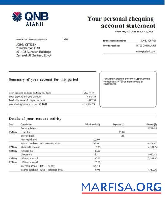 Blank Qatar QNB Alahli Bank account statement word example